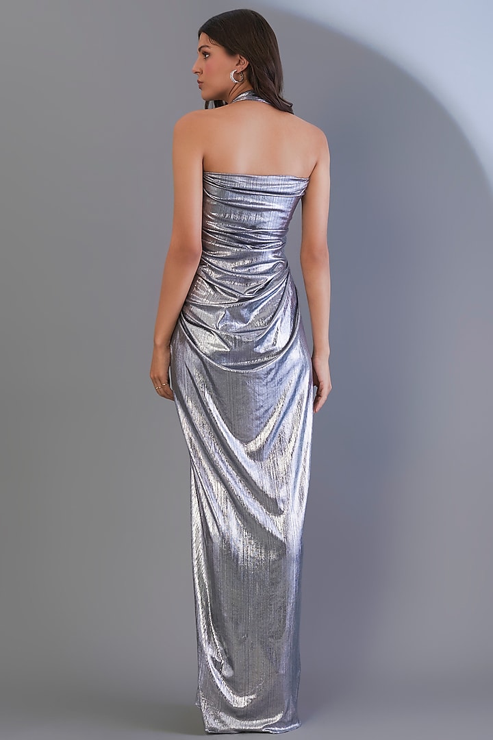 Silver Stretch Knit Foil Draped Gown by CHAM CHAM at Pernia's Pop Up Shop