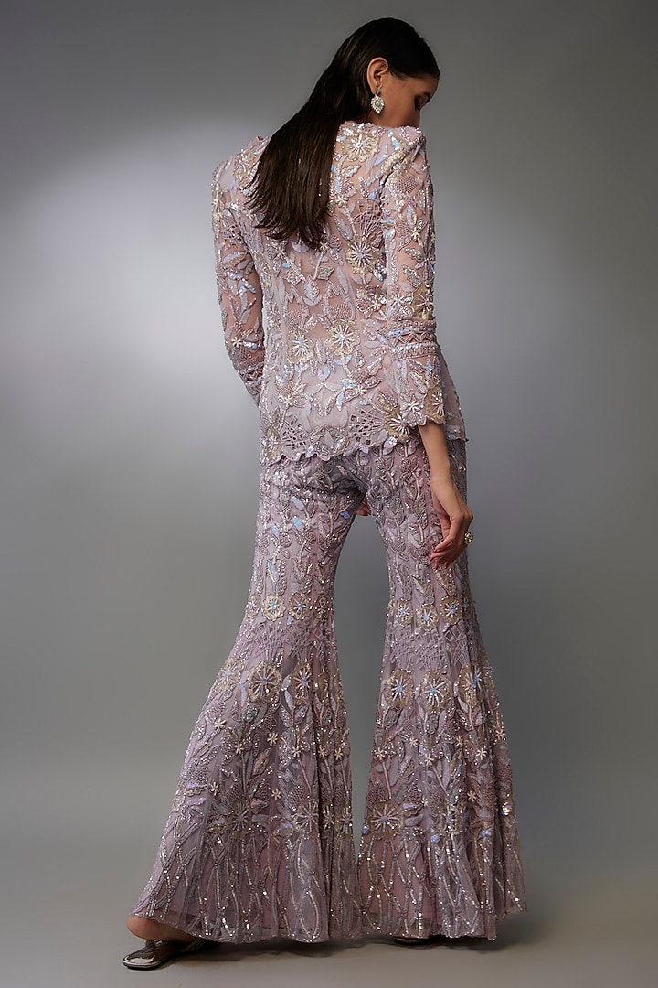 Lilac Soft Swiss Net Cutwork Hand Embroidered Blazer Set by Label Charmie Galaiya at Pernia's Pop Up Shop