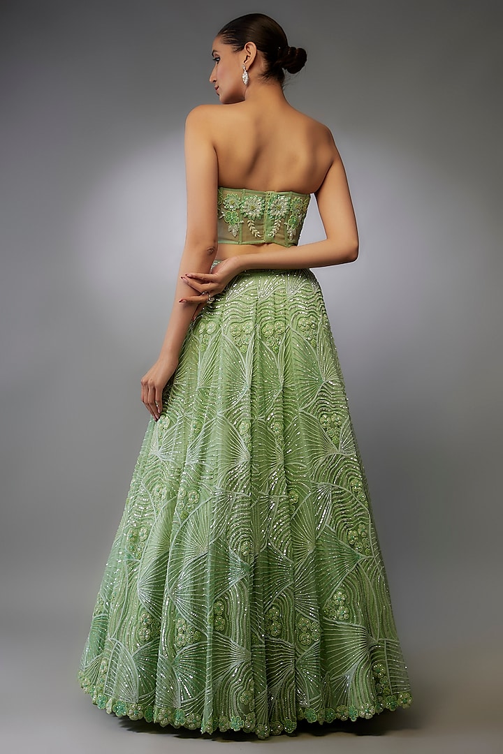 Seafoam Green Pure Organza Abstract Embroidered Bridal Lehenga Set by Label Charmie Galaiya at Pernia's Pop Up Shop