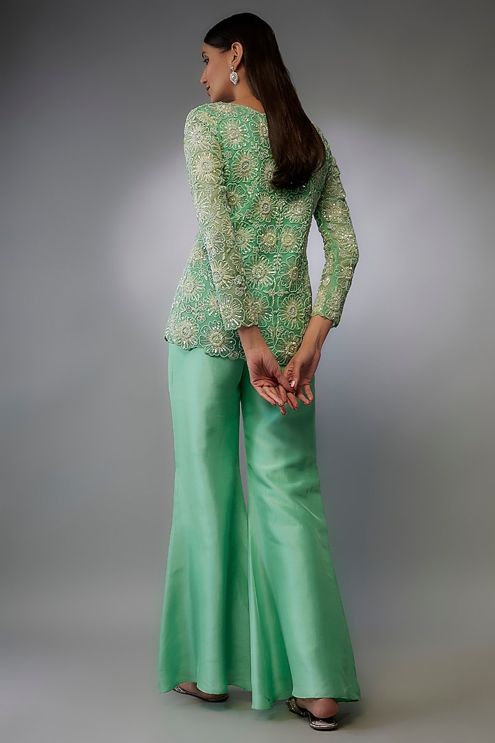 Jade Green Organza & Silk Palazzo Pant Set by Label Charmie Galaiya at Pernia's Pop Up Shop