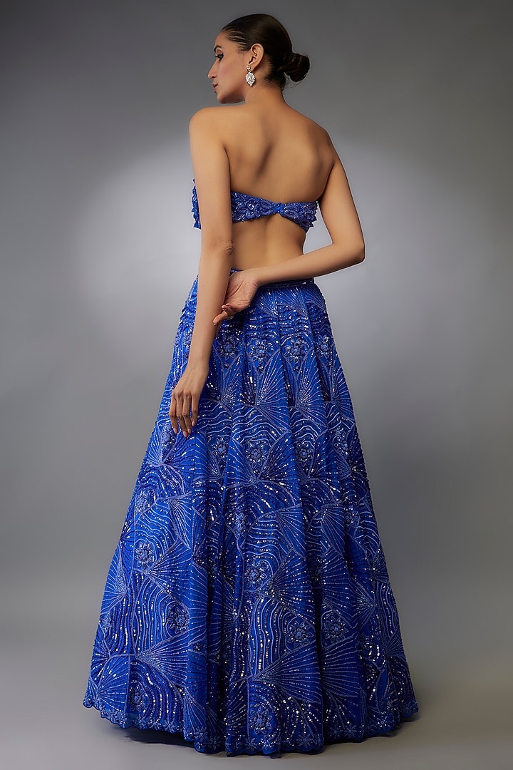Midnight Blue Pure Organza Embroidered Bridal Lehenga Set by Label Charmie Galaiya at Pernia's Pop Up Shop