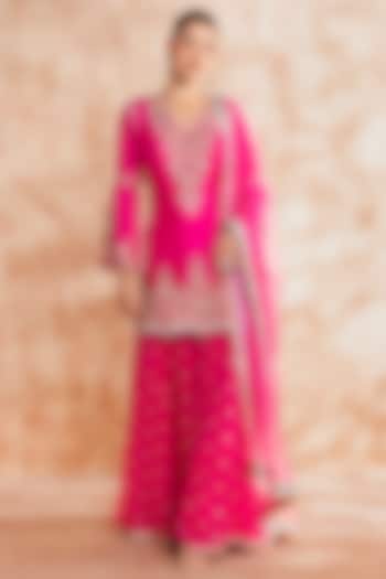 Pink Silk Embroidered Wedding Sharara Set by Chaashni by Maansi and Ketan at Pernia's Pop Up Shop