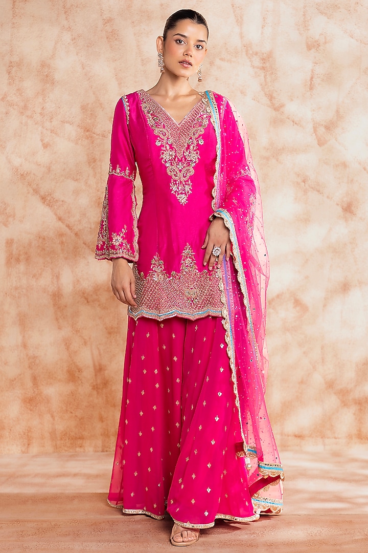 Pink Silk Embroidered Sharara Set by Chaashni by Maansi and Ketan