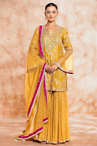 Yellow Silk Embroidered Sharara Set by Chaashni by Maansi and Ketan