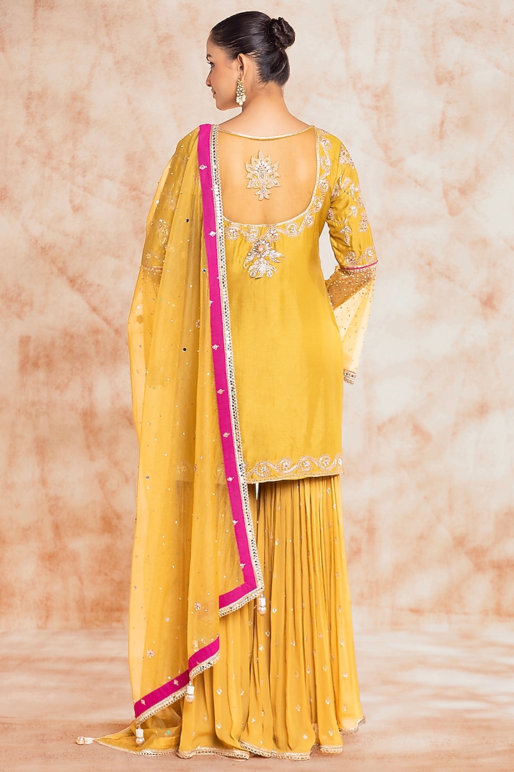 Yellow Silk Embroidered Wedding Sharara Set by Chaashni by Maansi and Ketan at Pernia's Pop Up Shop