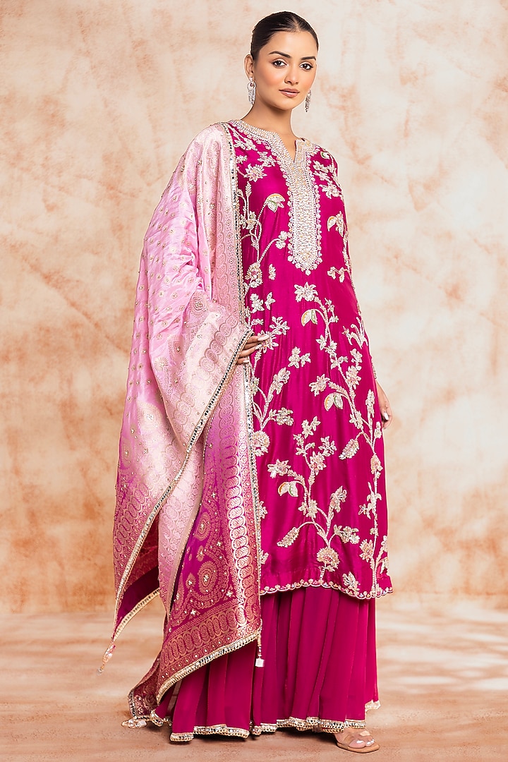 Pink Silk Embroidered Sharara Set by Chaashni by Maansi and Ketan