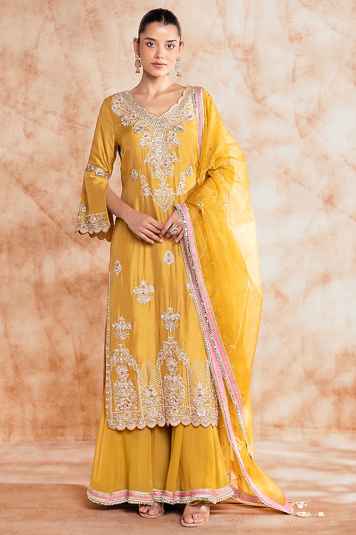 Yellow Silk Embroidered Sharara Set by Chaashni by Maansi and Ketan