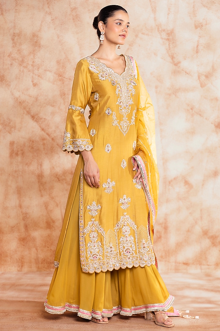 Chic Yellow Silk Embroidered Sharara Set Perfect for Haldi, Mehendi & Festive Looks - Buy
