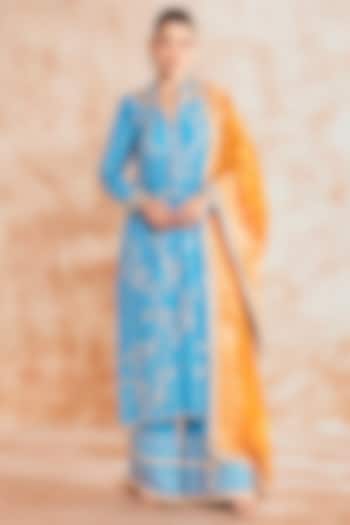 Blue Silk Embroidered Sharara Set by Chaashni by Maansi and Ketan