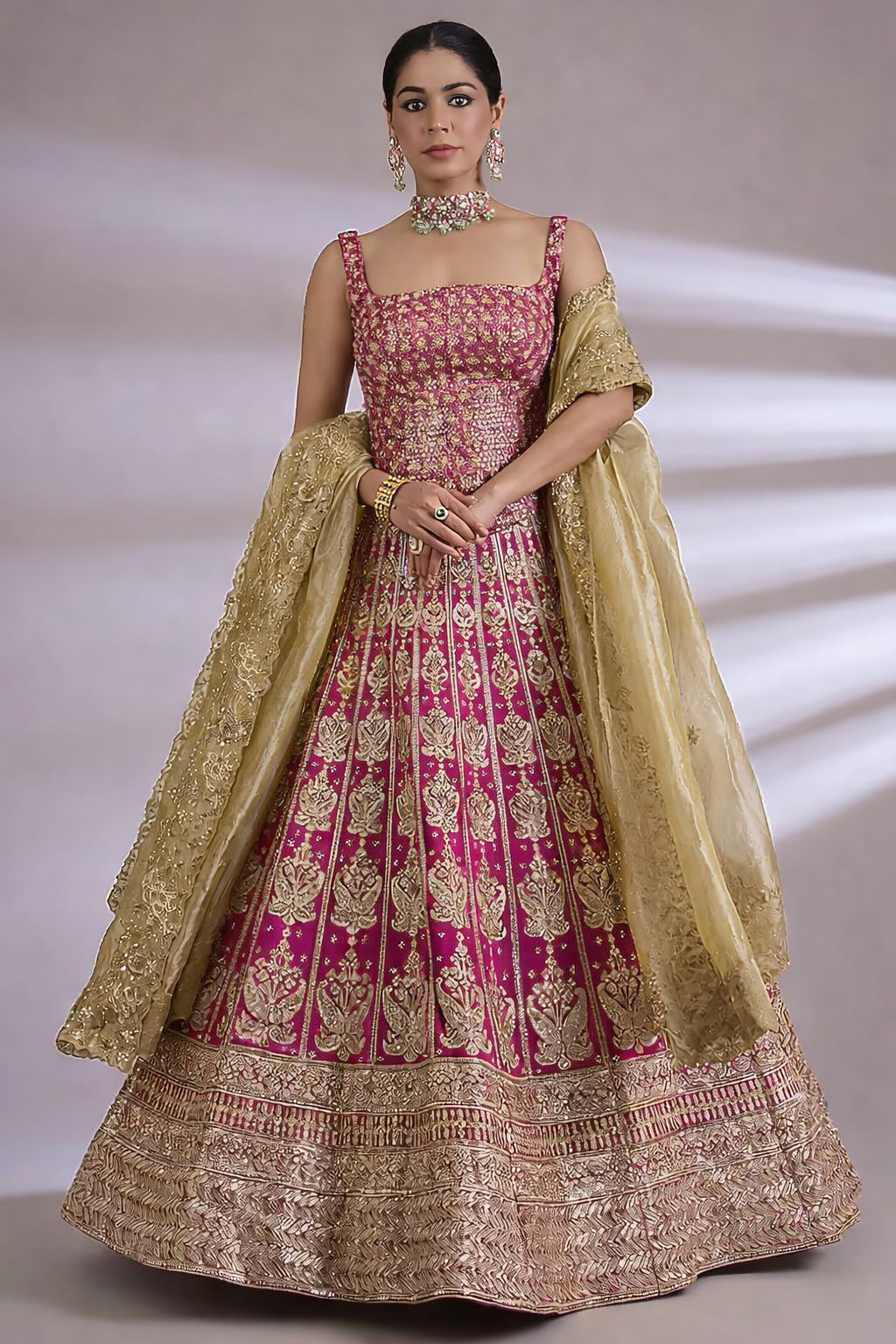 Jayesh & Kaajal Shah Rani Pink Tissue Paisley Embroidered Lehenga Set