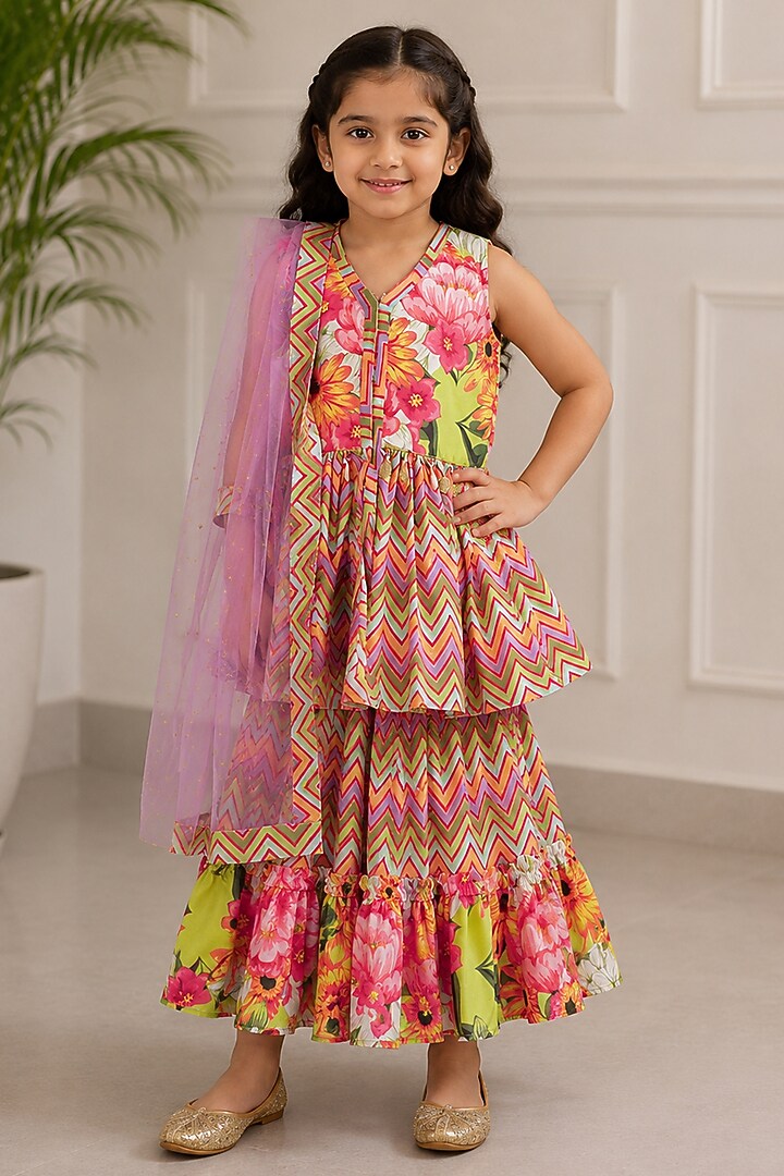 Lime Floral Printed Sharara Set For Girls by Kirti Agarwal Pret n Couture at Pernia's Pop Up Shop