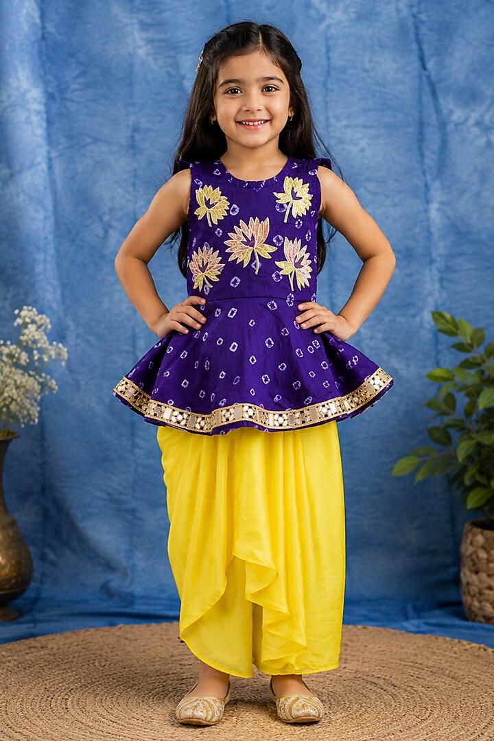 Yellow Satin Silk Dhoti Set For Girls by Kirti Agarwal Pret n Couture at Pernia's Pop Up Shop