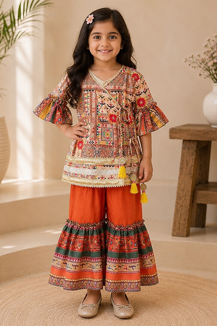 Multi-Colored Mulmul Silk & Dola Silk Sharara Set For Girls by Kirti Agarwal Pret n Couture at Pernia's Pop Up Shop