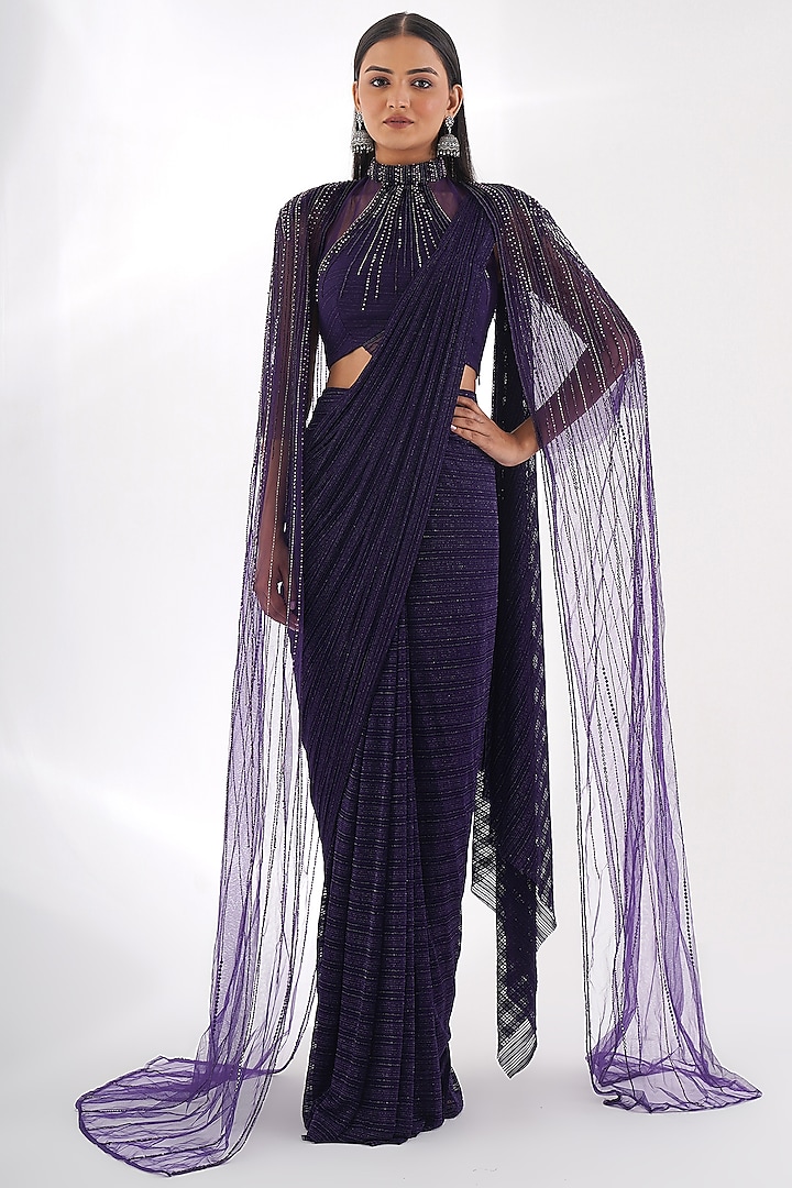 Purple Net & Knitted Foil Lycra Embellished Jacket Saree Set by Chaashni by Maansi and Ketan