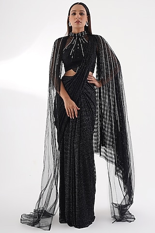 Black Embellished Draped Saree by Chaashni by Maansi and Ketan