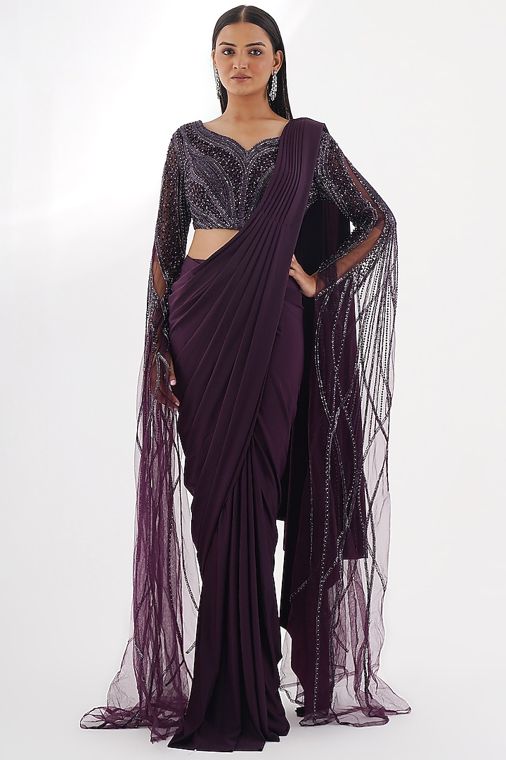Purple Embellished Draped Saree by Chaashni by Maansi and Ketan