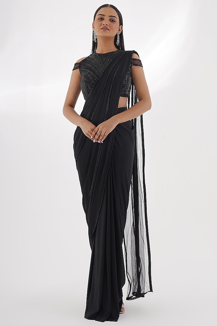 Black Net Pre-Stitched Saree Set by Chaashni by Maansi and Ketan