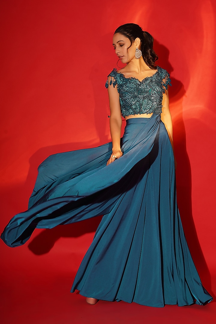 Teal Blue Embellished Palazzo Saree Set by Chaashni by Maansi and Ketan
