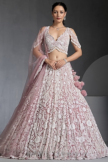 Lavender Net Pearl Embellished Bridal Lehenga Set by Chaashni by Maansi and Ketan at Pernia's Pop Up Shop