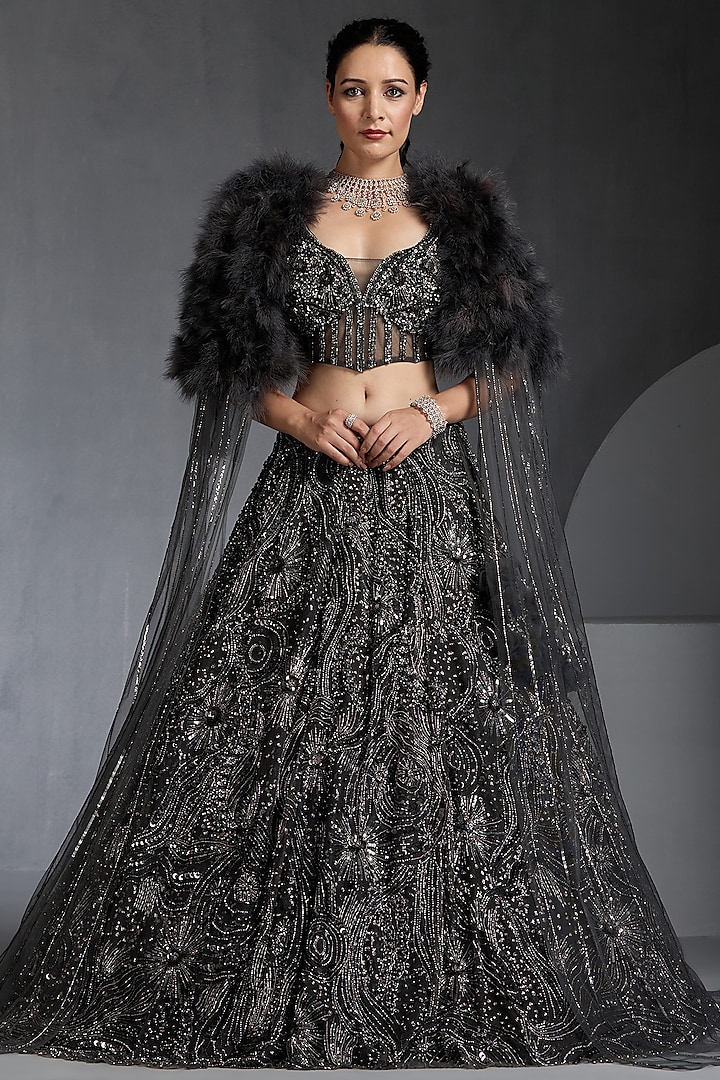 Grey Net Sequins Embellished Bridal Lehenga Set by Chaashni by Maansi and Ketan at Pernia's Pop Up Shop