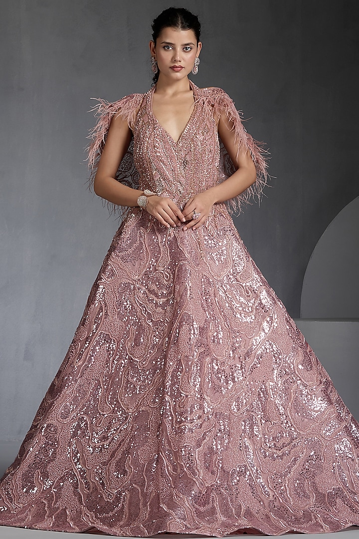 Pink Net Sequins & Feather Embellished Cape Gown by Chaashni by Maansi and Ketan at Pernia's Pop Up Shop