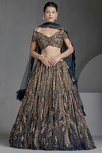 Blue Net Zirconss & Beads Embellished Bridal Lehenga Set by Chaashni by Maansi and Ketan at Pernia's Pop Up Shop