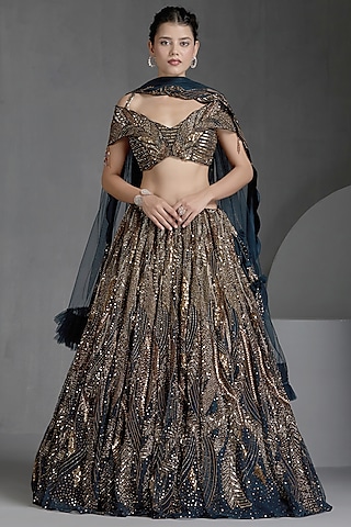 Blue Net Zirconss & Beads Embellished Lehenga Set by Chaashni by Maansi and Ketan