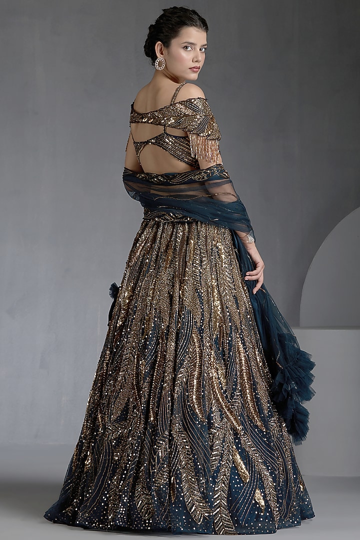 Blue Net Zirconss & Beads Embellished Bridal Lehenga Set by Chaashni by Maansi and Ketan at Pernia's Pop Up Shop