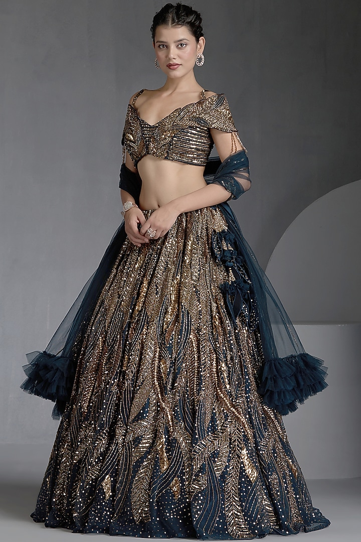 Blue Net Zirconss & Beads Embellished Bridal Lehenga Set by Chaashni by Maansi and Ketan at Pernia's Pop Up Shop