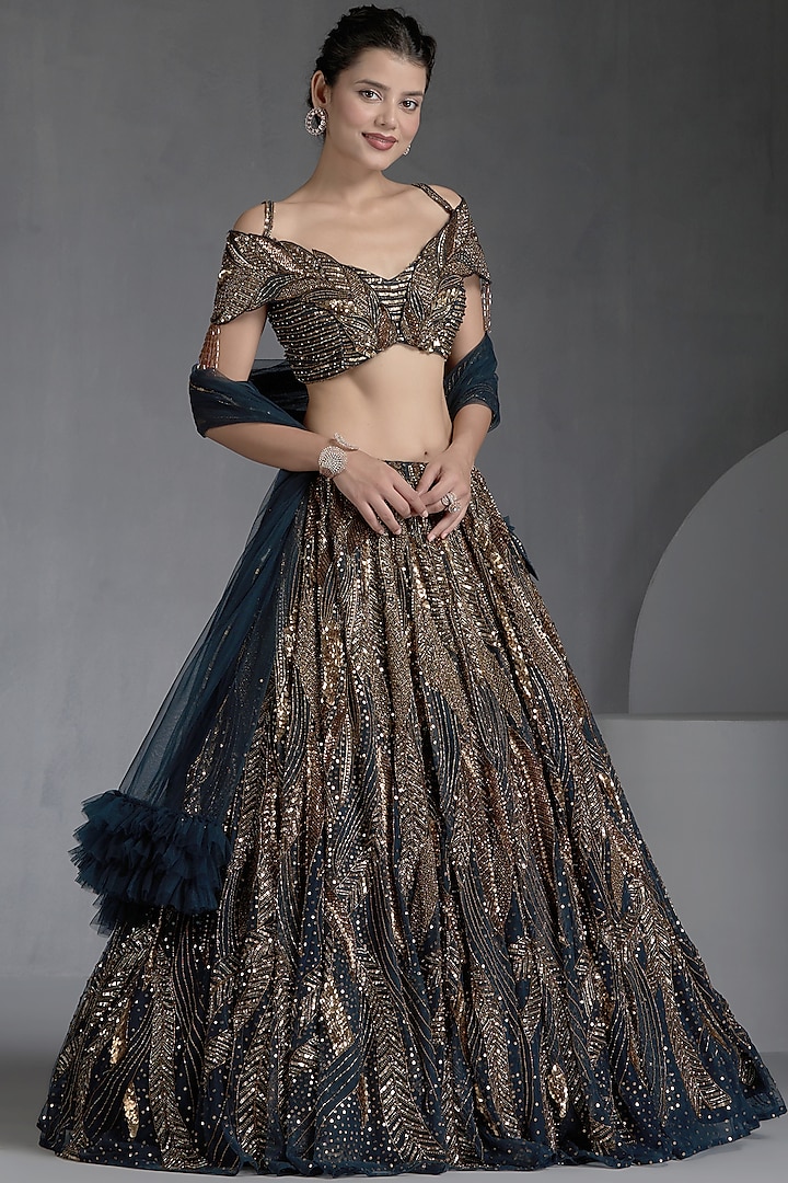 Blue Net Zirconss & Beads Embellished Bridal Lehenga Set by Chaashni by Maansi and Ketan at Pernia's Pop Up Shop