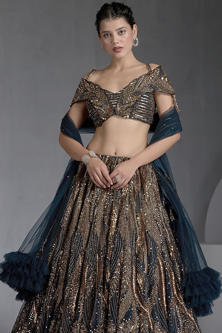 Blue Net Zirconss & Beads Embellished Bridal Lehenga Set by Chaashni by Maansi and Ketan at Pernia's Pop Up Shop