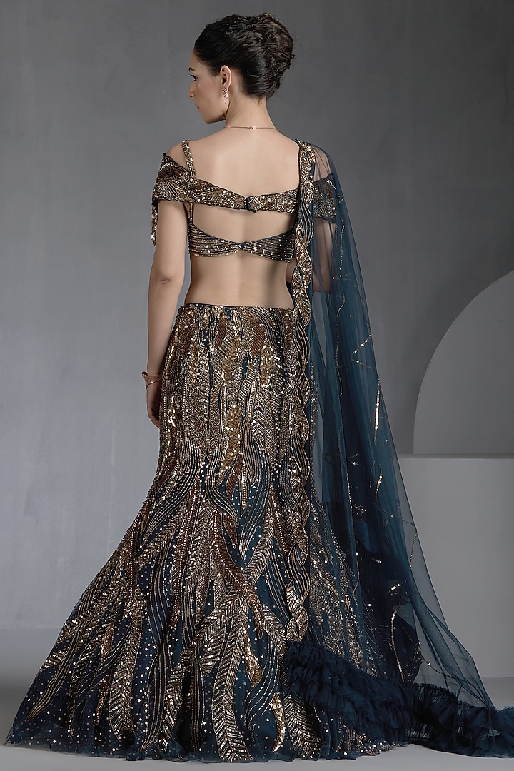 Blue Net Sequins & Zirconss Embellished Wedding Lehenga Set by Chaashni by Maansi and Ketan at Pernia's Pop Up Shop