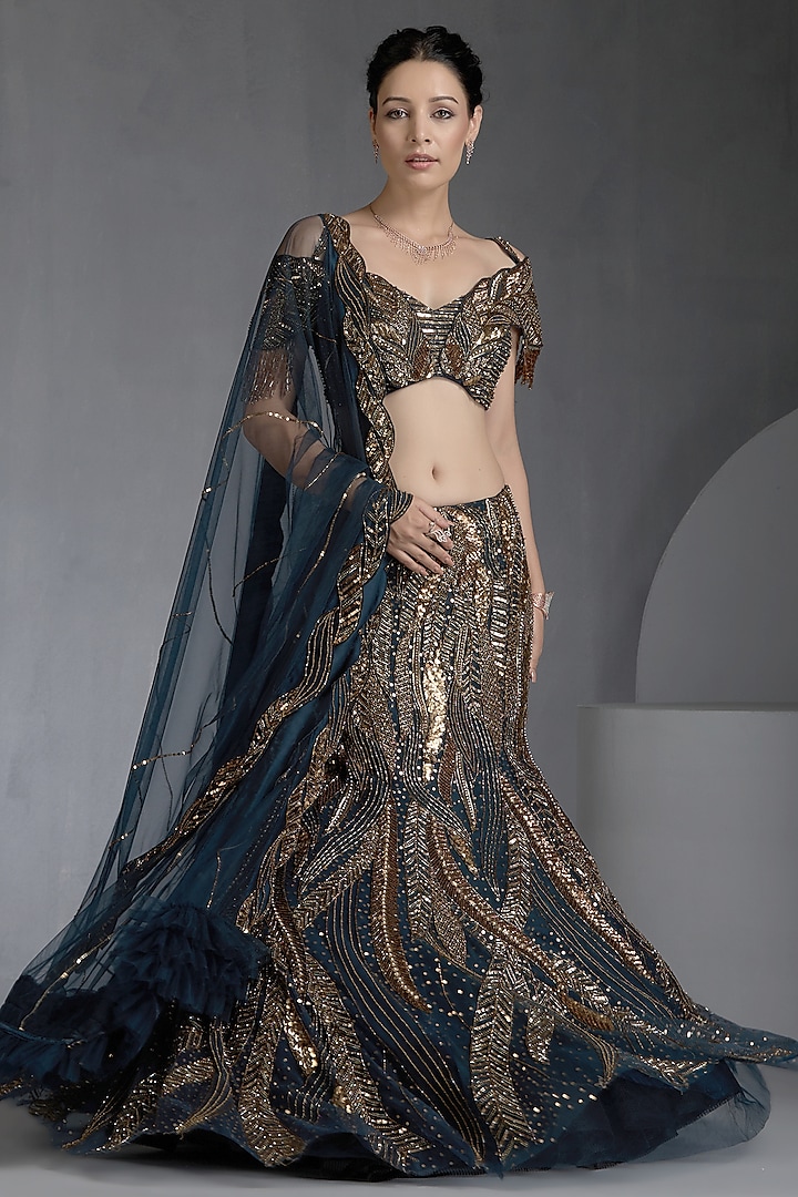 Blue Net Sequins & Zirconss Embellished Wedding Lehenga Set by Chaashni by Maansi and Ketan at Pernia's Pop Up Shop