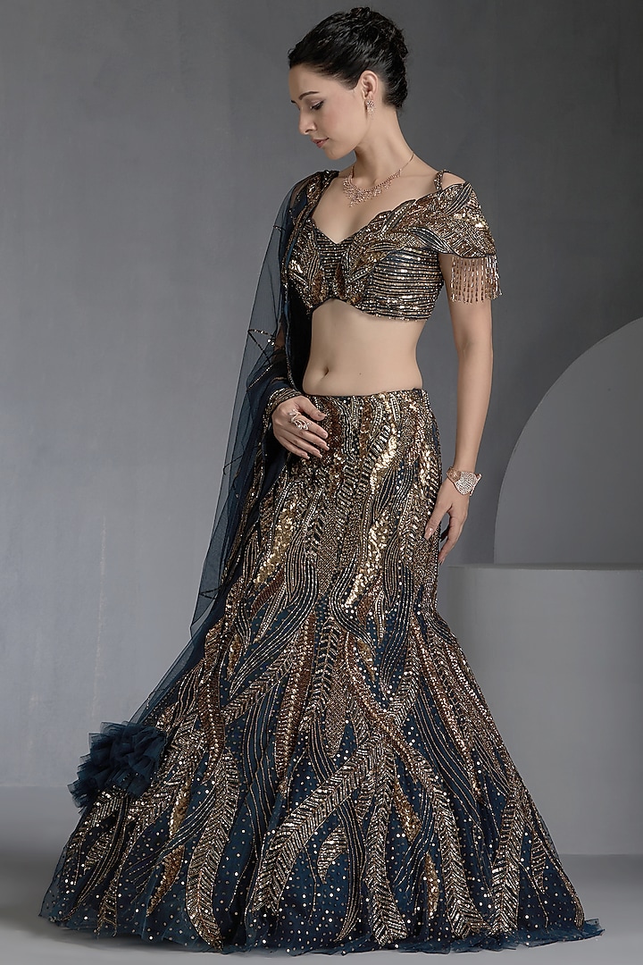 Blue Net Sequins & Zirconss Embellished Wedding Lehenga Set by Chaashni by Maansi and Ketan at Pernia's Pop Up Shop