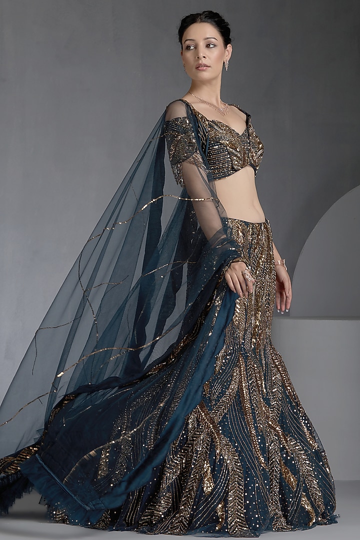 Blue Net Sequins & Zirconss Embellished Wedding Lehenga Set by Chaashni by Maansi and Ketan at Pernia's Pop Up Shop