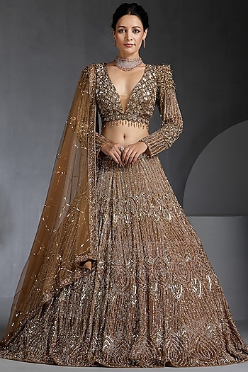 Gold Net Sequins & Zircons Embellished Bridal Lehenga Set by Chaashni by Maansi and Ketan at Pernia's Pop Up Shop