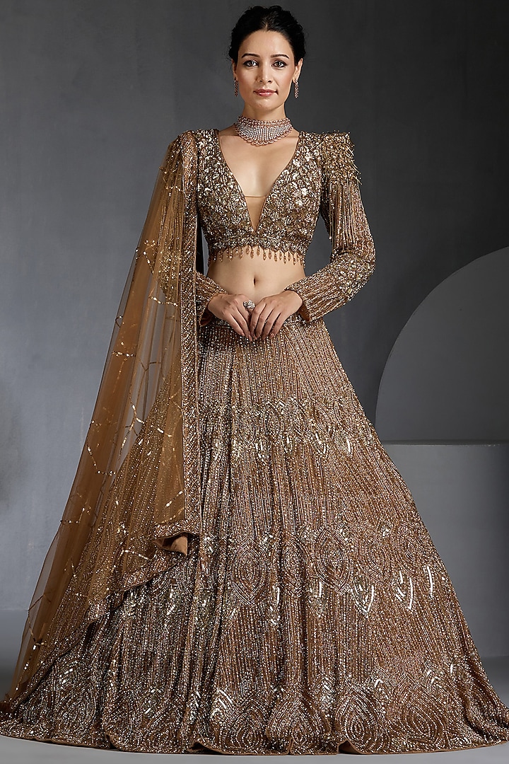 Gold Net Sequins & Zircons Embellished Bridal Lehenga Set by Chaashni by Maansi and Ketan at Pernia's Pop Up Shop