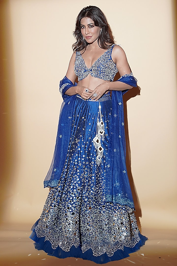 Blue Raw SIlk Mirror Hand Embroidered Lehenga Set by Archana Kochhar