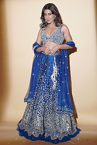 Blue Raw SIlk Mirror Hand Embroidered Lehenga Set by Archana Kochhar