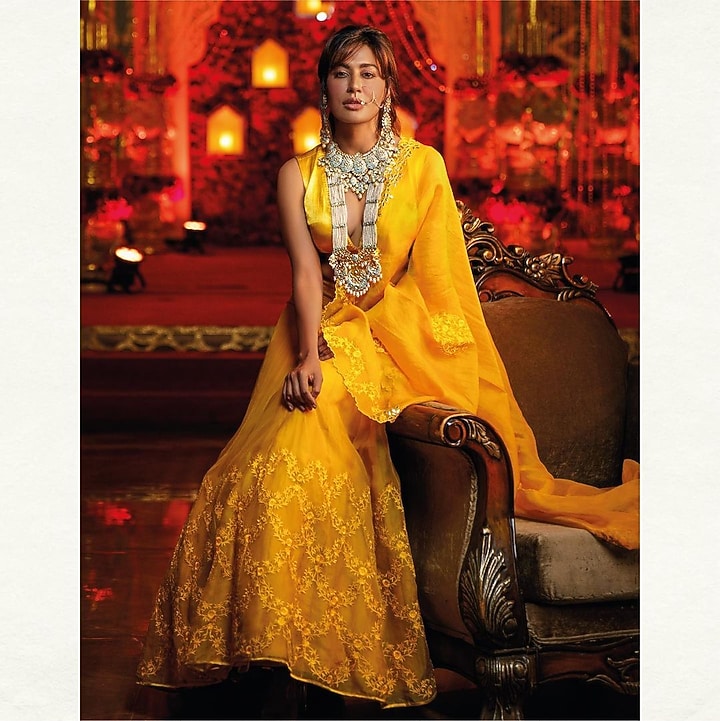 Mustard Organza Resham Embroidered Wedding Lehenga Set by Devnaagri at Pernia's Pop Up Shop