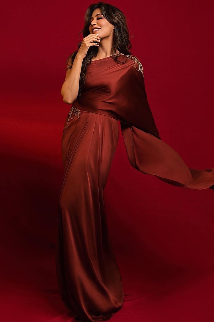 Rust Poly Blend Gown Saree by S&N by Shantnu Nikhil