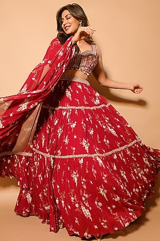 Fuchsia Printed Lehenga Set by Sana Barreja