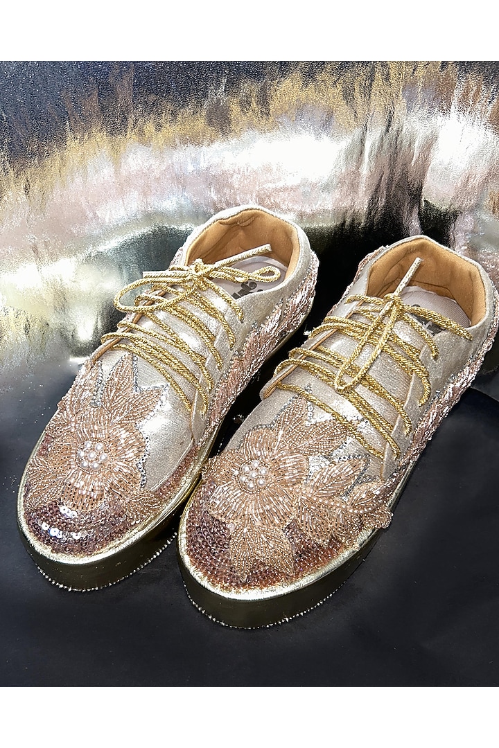 Rose Gold Vegan Leather Pearl Embroidered Sneakers by Chal Jooti at Pernia's Pop Up Shop