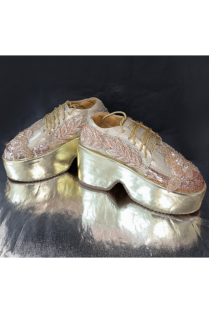 Rose Gold Vegan Leather Pearl Embroidered Sneakers by Chal Jooti at Pernia's Pop Up Shop