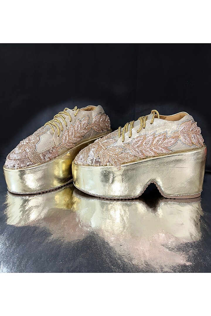 Rose Gold Vegan Leather Pearl Embroidered Sneakers by Chal Jooti at Pernia's Pop Up Shop