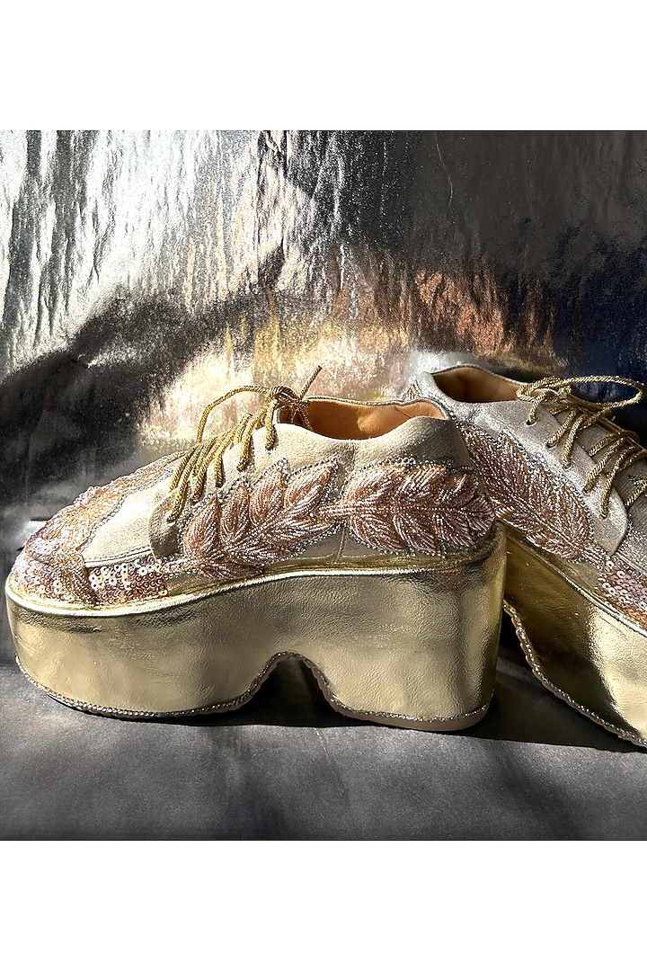 Rose Gold Vegan Leather Pearl Embroidered Sneakers by Chal Jooti at Pernia's Pop Up Shop