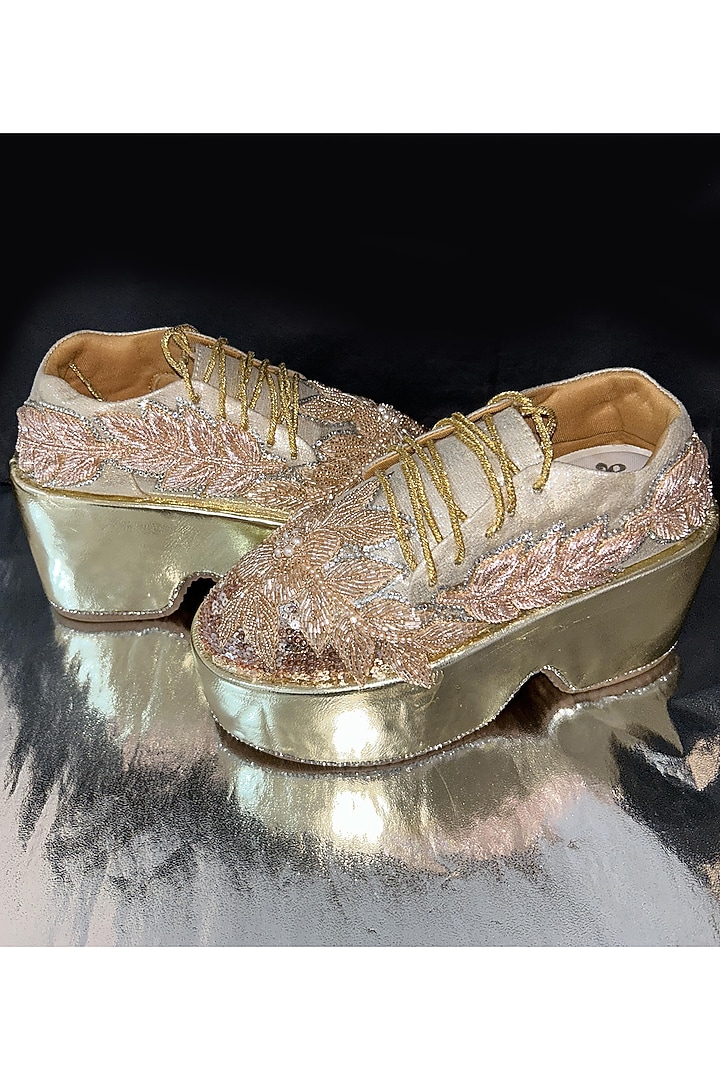 Rose Gold Vegan Leather Pearl Embroidered Sneakers by Chal Jooti at Pernia's Pop Up Shop