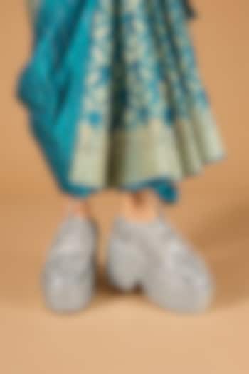 Silver Vegan Leather Embroidered Sneakers by Chal Jooti at Pernia's Pop Up Shop