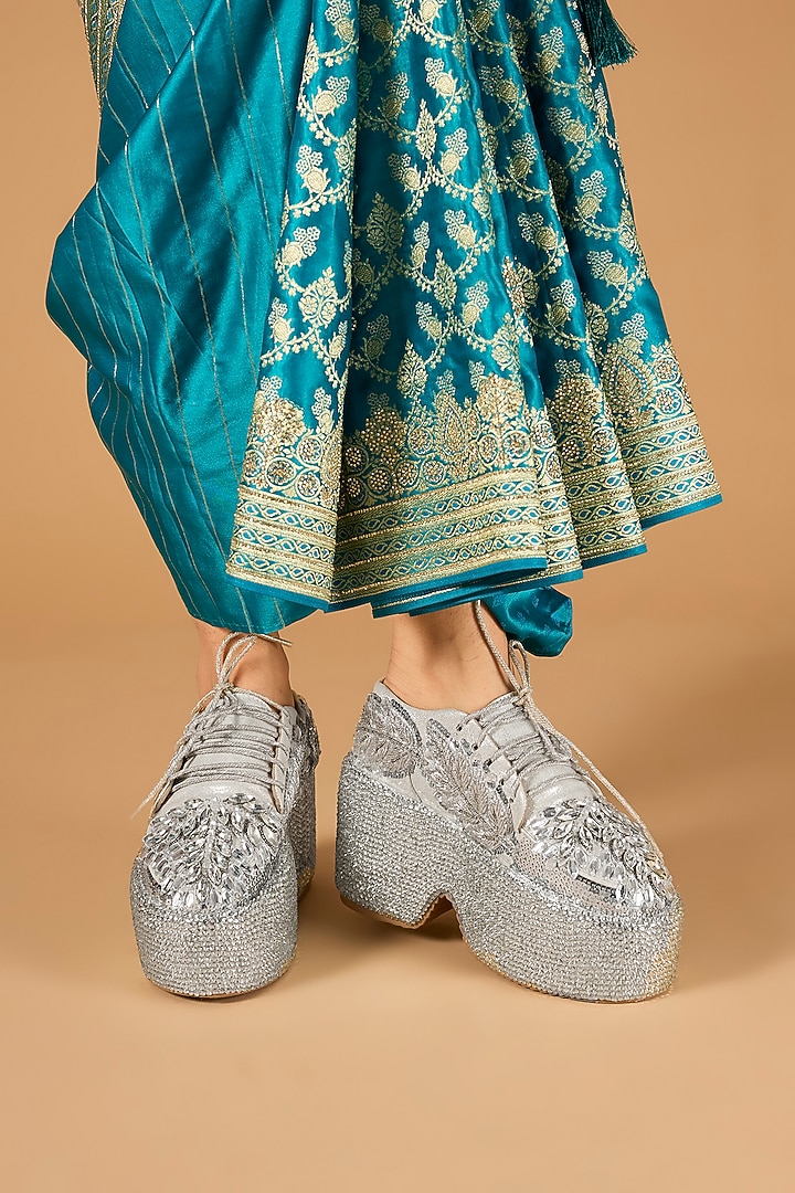 Silver Vegan Leather Embroidered Sneakers by Chal Jooti at Pernia's Pop Up Shop