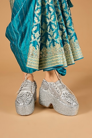 Silver Vegan Leather Embroidered Sneakers by Chal Jooti